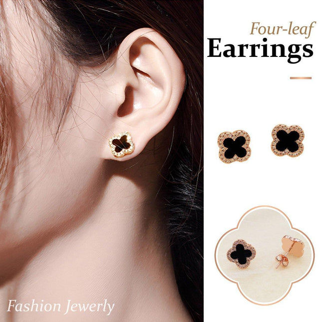 Sterling silver needle women's black four-leaf clover earrings