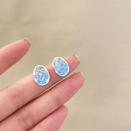 Retro Blue Crystal Earrings Fashion Jewelry Sea Salt Silver Needle Design