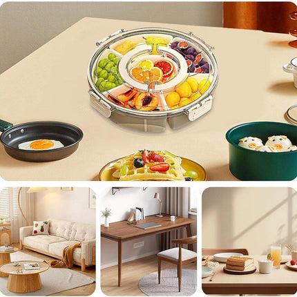 Six Compartment Rotary Fruit Plate Portable Round Snack Box with Lid for Home