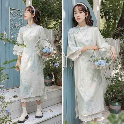 Improved Chinese Style Cheongsam Dress for Women with Inverted Big Sleeves