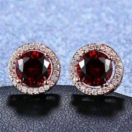 Red Garnet Diamond Halo Round Stud Earring Push Back Rose Gold Plated Women Gift - Aimall