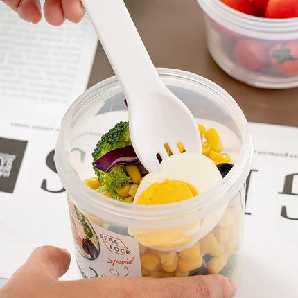 Double Plastic Salad Cup with Fork Sealed Breakfast Container for On-the-Go Meal