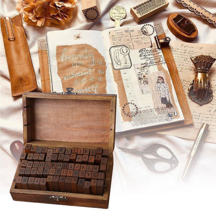 70pcs DIY Alphabet and Number Wood Rubber Stamps Set with Wooden Box Case