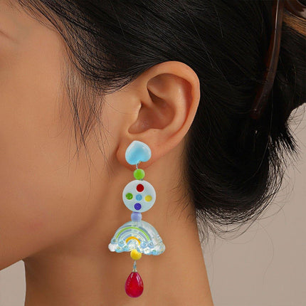 Colourful Beaded Resin Love Earrings Asymmetrical Cloud Design Long Jewelry
