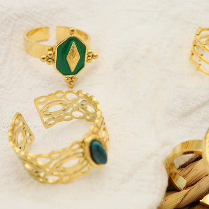 Malachite Green Gold Ring Adjustable That Does Not Fade Opening Design Gift - Aimall