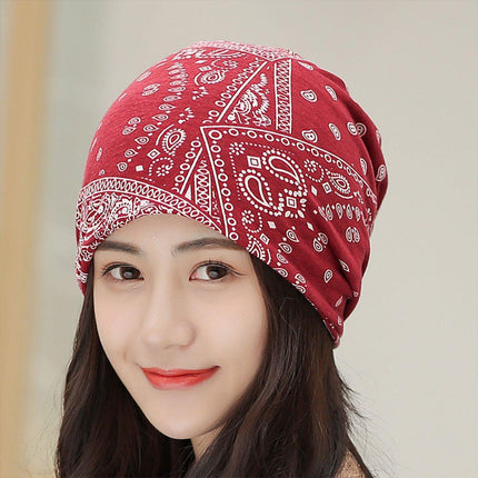Ethnic Style Cotton Flower Stripe Pullover Cap Dual Purpose Turban Hat for Women