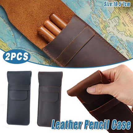 2PCS Vintage Handmade Genuine Leather Pencil Case Set Cowhide Protective Holder