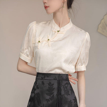 Women Satin Short Sleeve Blouse Chinese Button Top New Fashion Shirt Ladies