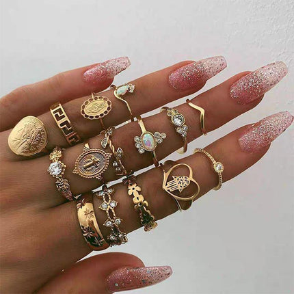 Gold Hollow Stackable Joint Ring Set 15 PCS Various Styles Versatile Womens - Aimall