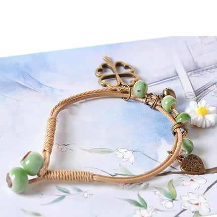 Flower Pendant Waxed Thread Rope Ceramic Beaded Wristband Bracelet Birthday Gift - Aimall