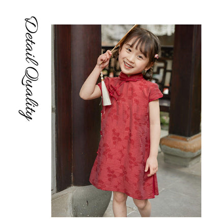 Summer Cotton Cheongsam Dress Girls Retro Solid Color Fashion Solid Color Dress - Aimall