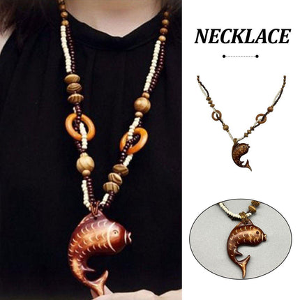 Long Wood Necklace with Fish Pendant Unique Fashion Jewelry Ornament