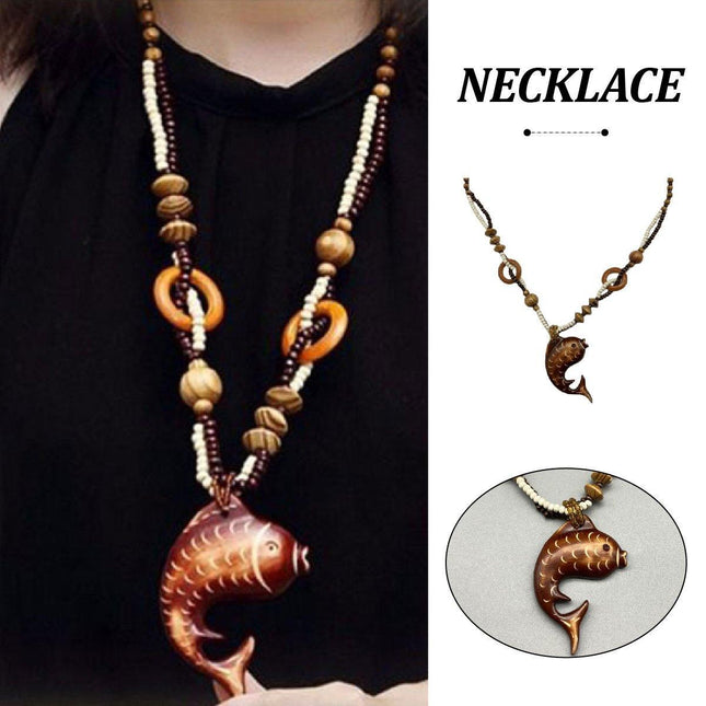 Long Wood Necklace with Fish Pendant Unique Fashion Jewelry Ornament