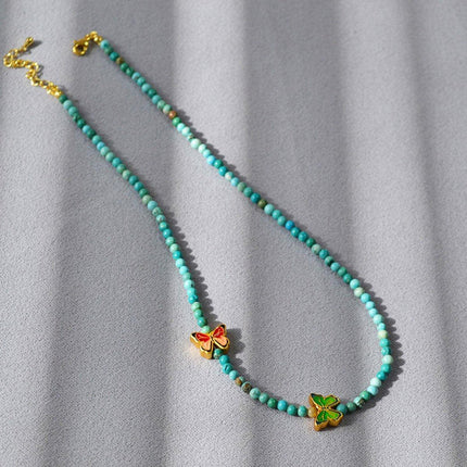 New Chinese Turquoise Butterfly Beaded Necklace and Bracelet Set Women