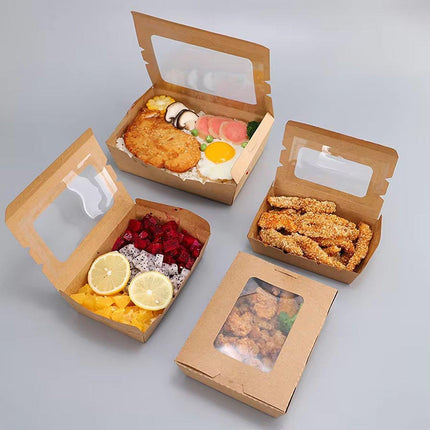 50pcs Kraft Paper Take Out Box Salad Fried Chicken Lunch Box Open Window