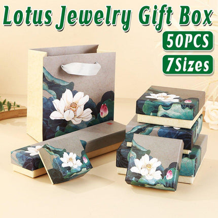 50pcs Blue Vintage Lotus Jewelry Box Paper Packaging Gift Boxes for Jewelry