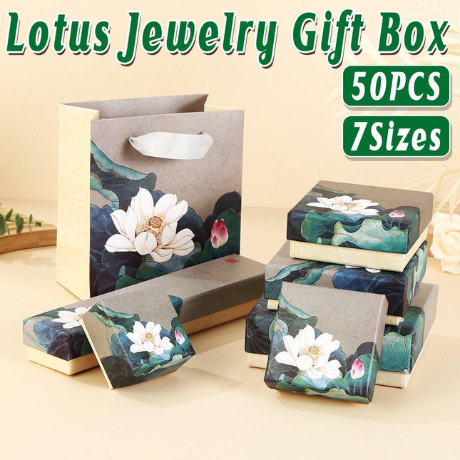 50pcs Blue Vintage Lotus Jewelry Box Paper Packaging Gift Boxes for Jewelry