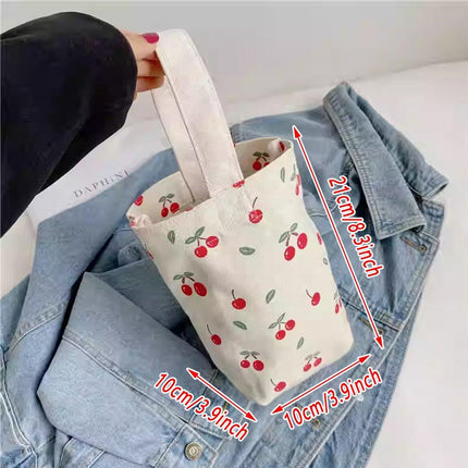 2pcs Cartoon Printed Canvas Bag Cute Casual Handbag Cup Holder Tote Bag Set