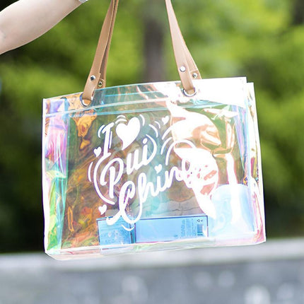 2PCS Transparent PVC Tote Bag Hologram Jelly Cosmetic GiftBag Iridescent Handbag