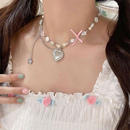 Pink Pentagram Love Pendant Necklace Sweet Jewellery Women Girls Cute Gift