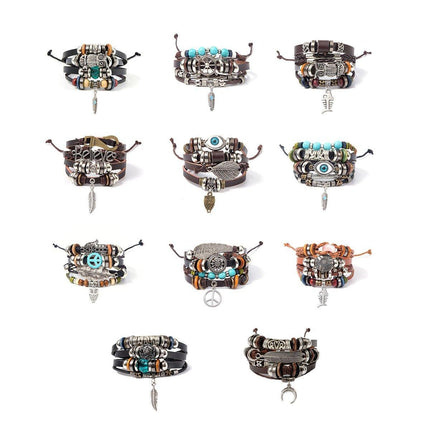 Turquoise Woven Leather Multi Layered Beaded Bracelet with Wood Beads Women