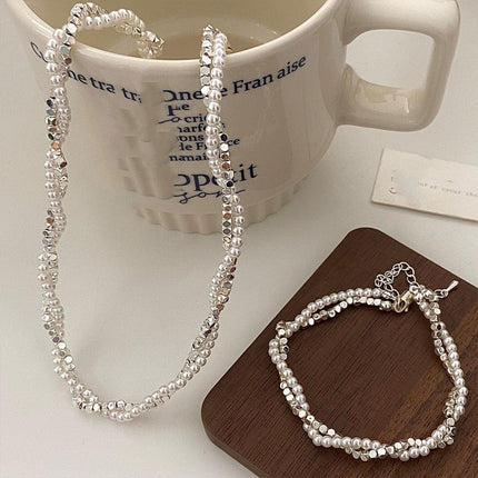 Double Layered Pearl Necklace Bracelet Set Silver Jewelry Women Fashion