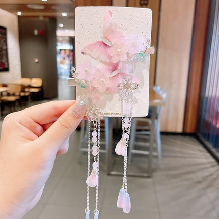 2Pcs Hanfu Flower Hair Clip Pearl Tassel Butterfly Hairpin Female/Children Party - Aimall