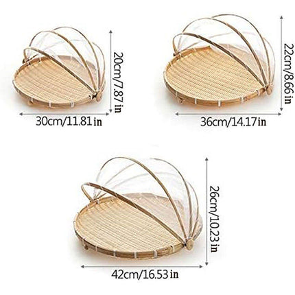 Bamboo Storage Basket with Mesh Cover for Fruit Vegetables Food Buns Kitchen