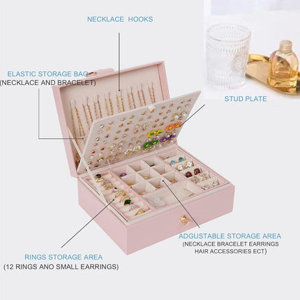 Large Pink Jewellery Box Double Layer Storage Case Organiser for Accessories