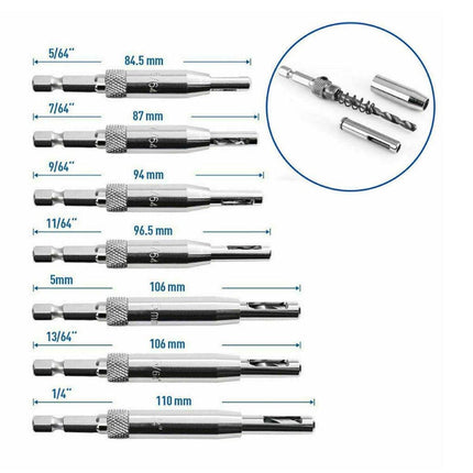 7-Piece Centre Drill Bits Set Self Centering Hinge Hole Drilling 1/4" Hex Shank - Aimall