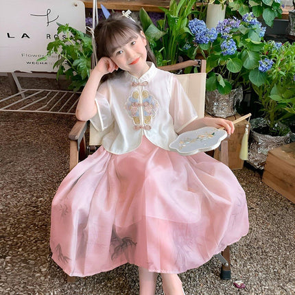 Girls Short Sleeve Dress Chinese Style Skirt Traditional Summer Outfit