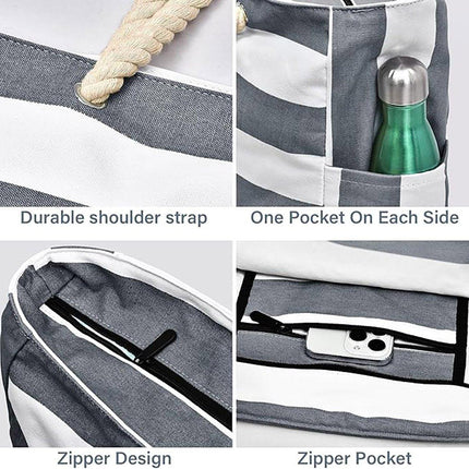 Large Bohemian Striped Canvas Beach Bag Zipper Tote for Travel Outdoor Vacation