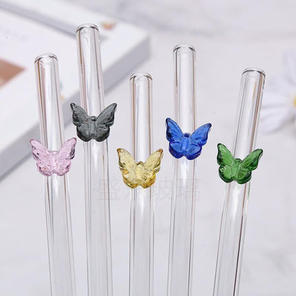 8pcs Colourful Butterfly Glass Straw Reusable Heat Resistant Proof MultiColours
