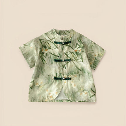 Summer Chinese-style Boys Green Short-Sleeved Shirt Short Pant Two-Piece Thin