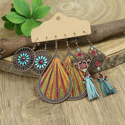 3Set Pairs Bohemian Style Earrings Retro Ethnic Fashionable Romantic Su Earrings