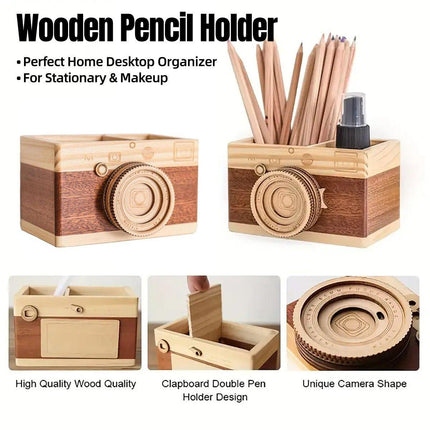 Vintage Wooden Camera Pen Holder Handmade Retro Gift Box Graduation Souvenir