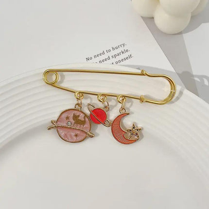 Cartoon Metal Brooch Cute Cat Swinging With Planet Moon Pendant Brooch Pin - Aimall