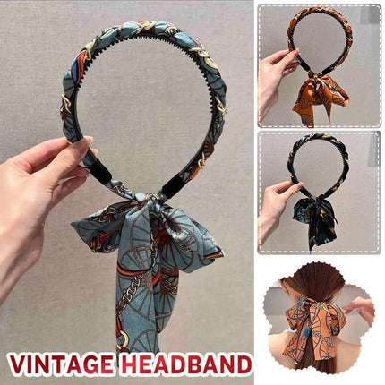 Chains patterned satin headband with Long Scarf Headband Scarf Hair Accessories - Aimall