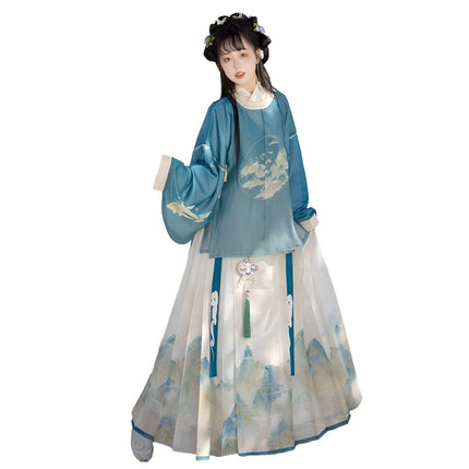 Hanfu Women Traditional Ming Style Round Neck Gown Horsefaced Skirt Set Dress - Aimall