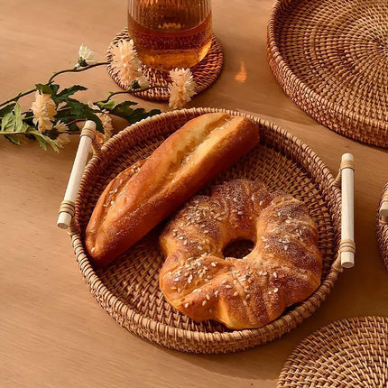 Round Rattan Hand Woven Storage Basket Bread Fruit Serving Tray Kitchen Container