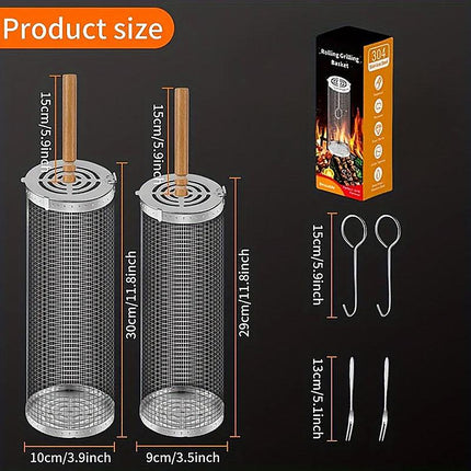 2PCS Rolling BBQ Cage Rotisserie Basket Tube Grill BBQ Cooking Accessories