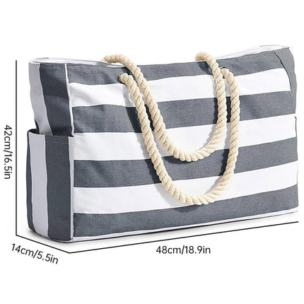 Large Bohemian Striped Canvas Beach Bag Zipper Tote for Travel Outdoor Vacation