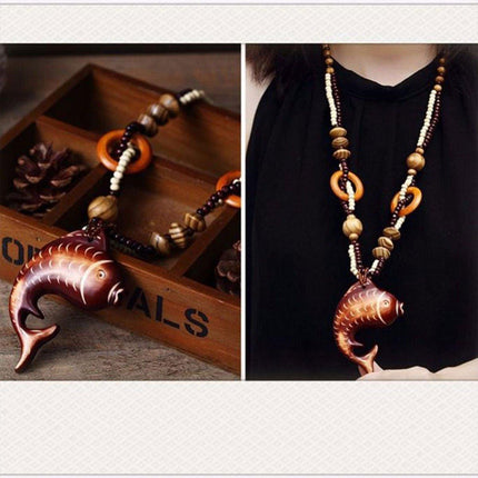 Long Wood Necklace with Fish Pendant Unique Fashion Jewelry Ornament