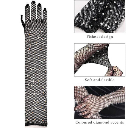 8 Pairs Black White Fishnet Gloves Long Sleeve Rhinestone Party Clubwear