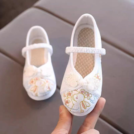 White Chinese Old Beijing Girl Child Embroidered Cloth Floral Shoes Hanfu Dance Shoes - Aimall