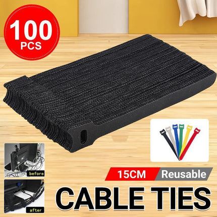 100PCS Reusable Cable Tie Nylon Hook Loop Strap Cord Ties PC TV Organiser