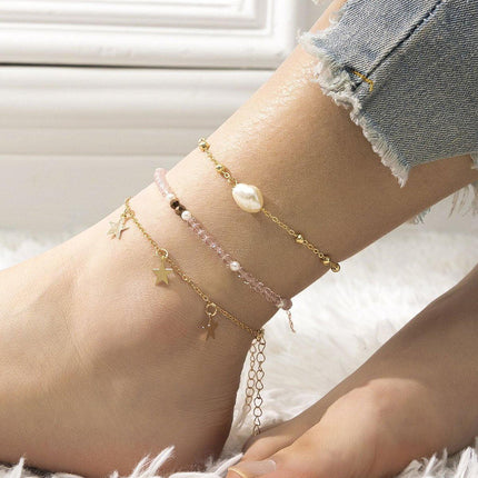 3pcs Pink Star Anklet Set Five-Pointed Star Foot Chain Fringe Jewelry Women