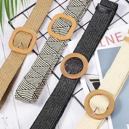 4PCS Womens Woven Cotton Linen Belt Set Round Square Buckle Long Shirt Dress