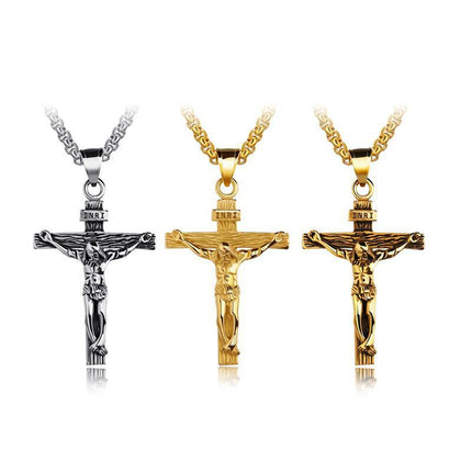 Men Stainless Steel Gold Silver Black Jesus Crucifix Pendant Chain Necklace Silver - Aimall