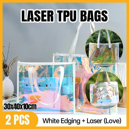 2PCS Transparent PVC Tote Bag Hologram Jelly Cosmetic GiftBag Iridescent Handbag